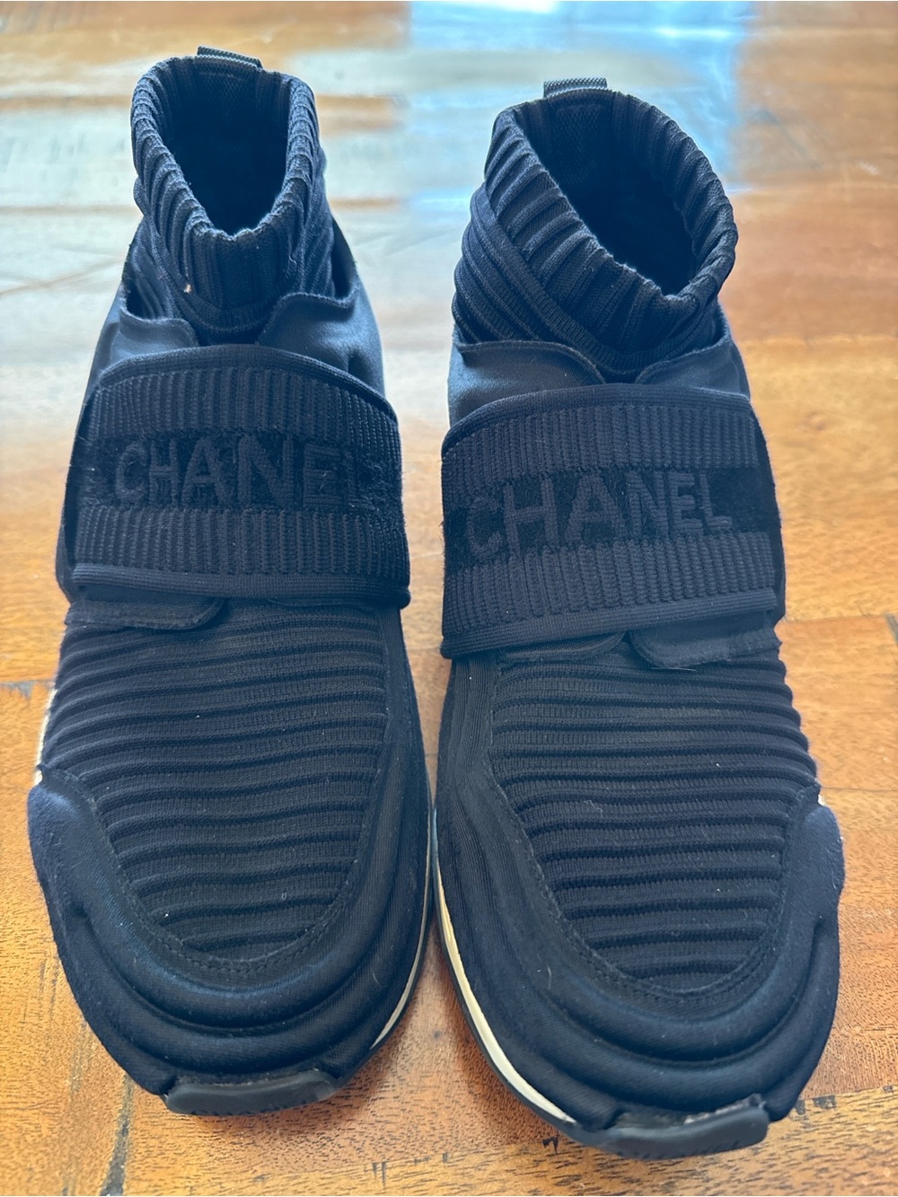 CHANEL G33070 Black Logo Sock Sneakers High Top Size 37.5 Made in Italy